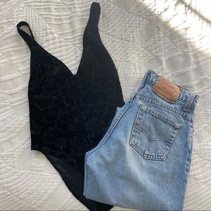 Black deep V body suit w/ velvet pattern
